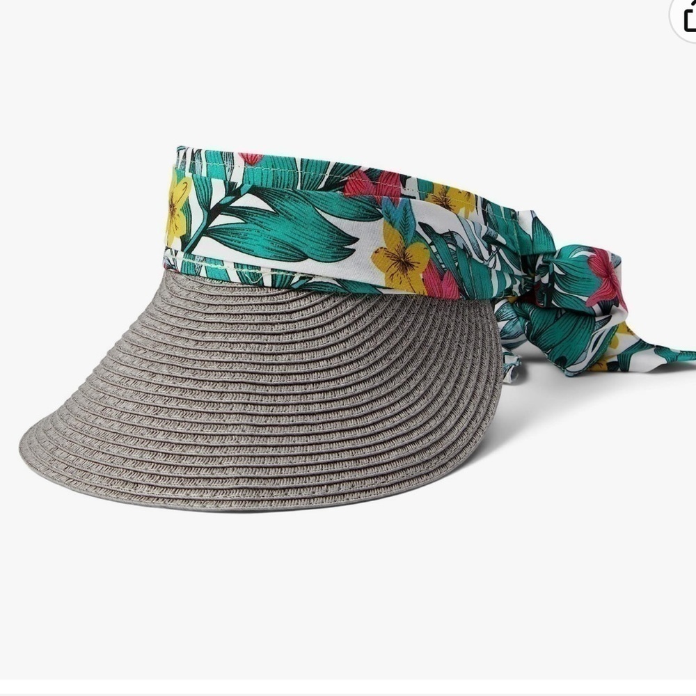 NWT Straw and floral fabric tie back visor hat by Badgley Mischka